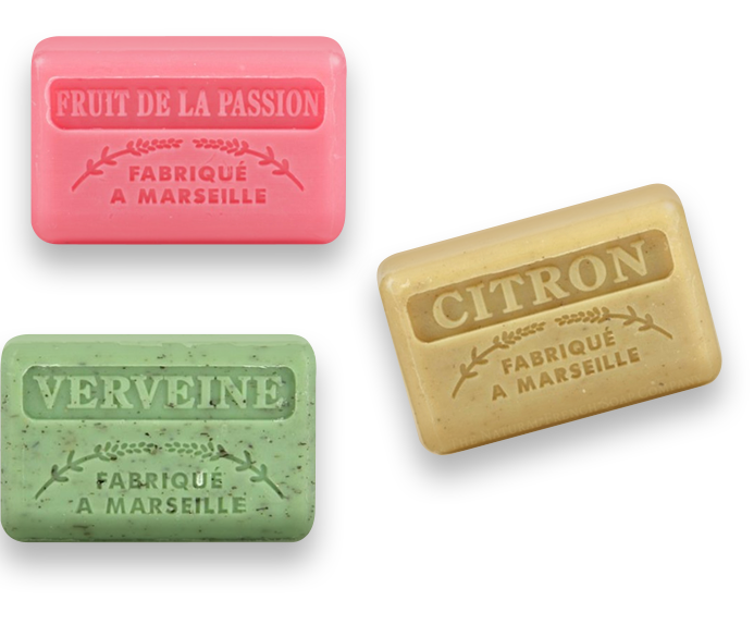 3 Natural French soap bars. Fabrique A Marseille - Fruit de le passion, Verveine, Citron