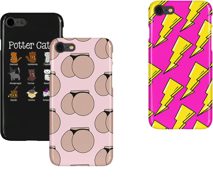 3 Fun Cases: 1. Harry Pawter - Harry Potter Cats Phone Case. 2. Kim K Bootay - Kim Kardashian Phone Case. 3. Pop Art Lightning Phone Case