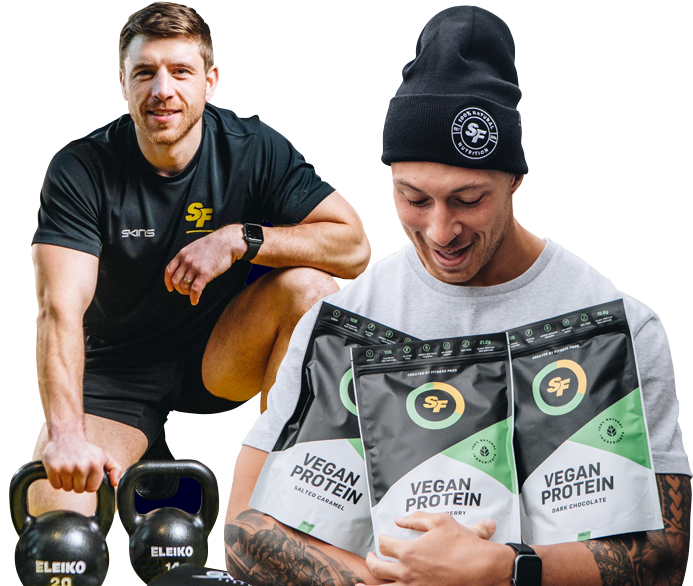 James Stark owner at Starks Fitness with Kettlebells. Jack Forrester head of online & education with pouches of vegan protein