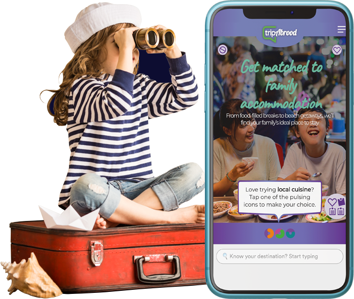 tripAbrood - 'Get matched to family accommodation' mobile homepage. Girl sat on suitcase dressed as a sailor looking through binoculars