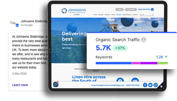 Johnsons Stalbridge Linen Services SEO results and webpage in tablet