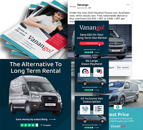 Vanango brand assets. Social media tiles, social media ads and printed brochure